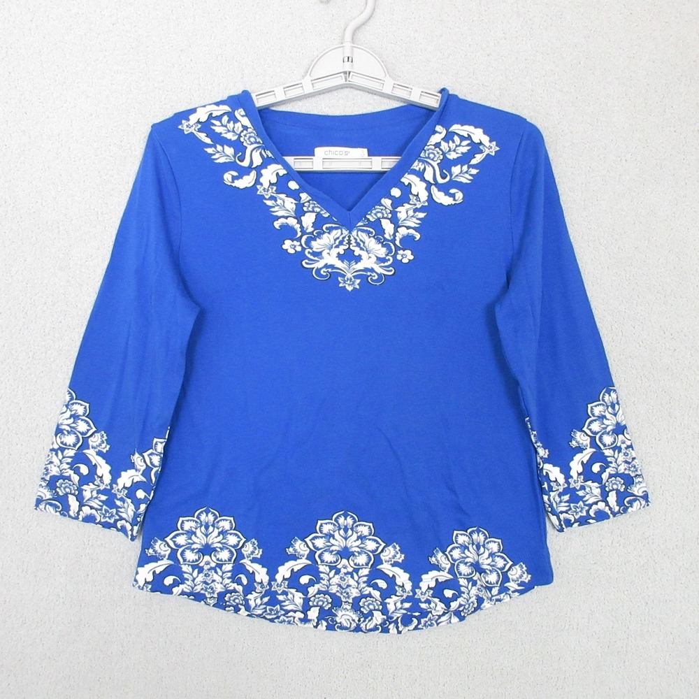 Chicos Blue Pima Cotton Damask Floral V-Neck 3/4 Sleeve Top Size 0 S 4837